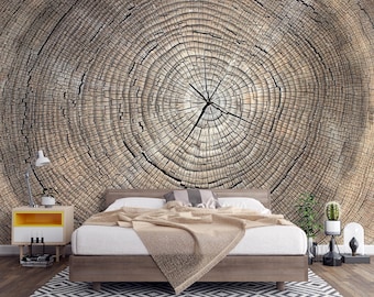 Wood Tree Rings Wallpaper Mural - Peel and Stick Farmhouse Wall Decor - Custom size