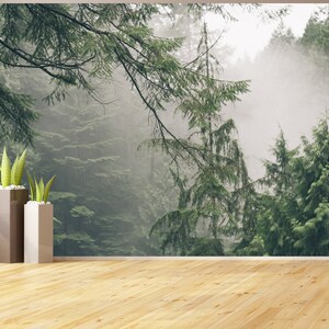 Pode incluir: Um piso de madeira com duas plantas em vasos na frente de um mural de parede que representa uma cena de floresta neblinosa.