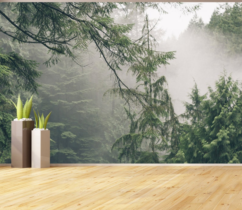 Pode incluir: Um piso de madeira com duas plantas em vasos na frente de um mural de parede que representa uma cena de floresta neblinosa.
