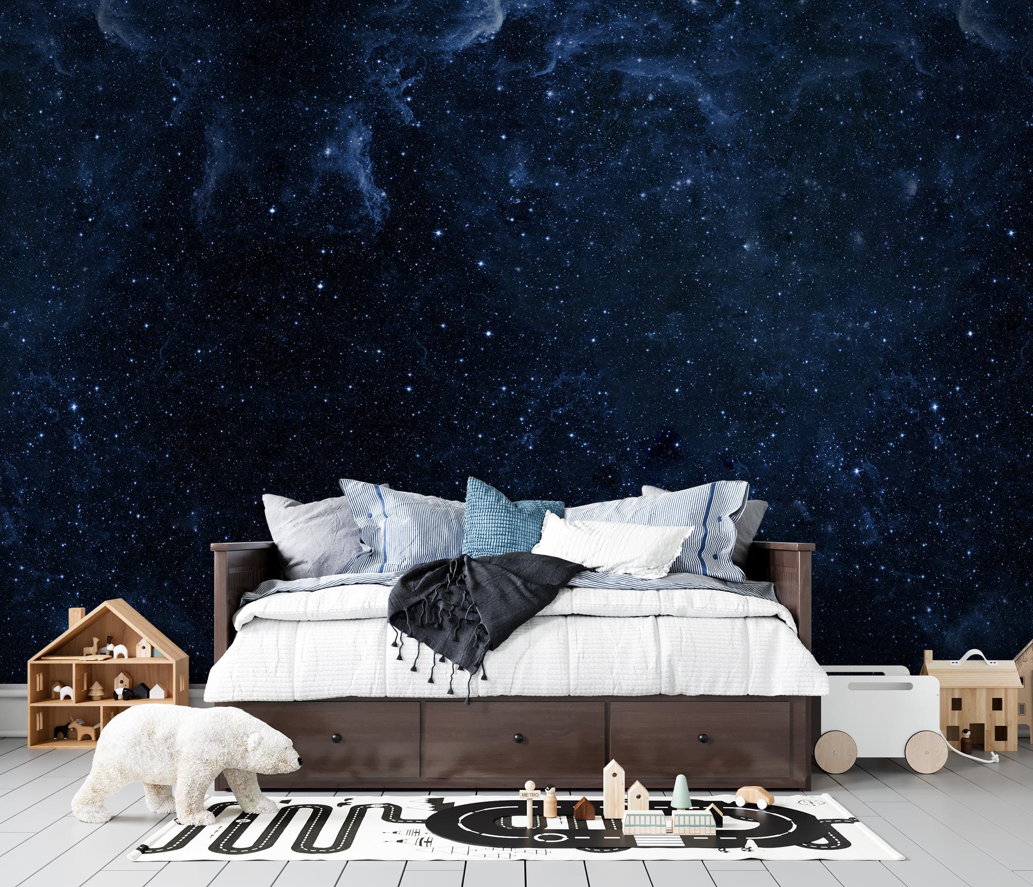 Blue Starry Sky Mural Wallpaper Space Wall Mural Bedroom Wallpaper Peel ...