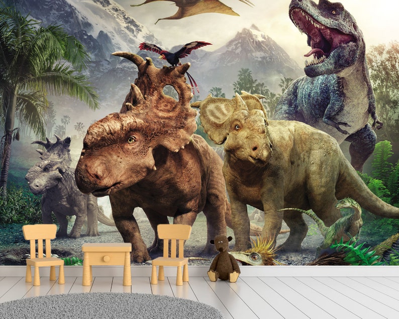 Dinosaurs Mural Wallpaper Peel and Stick Jurassic Wall Art | Etsy