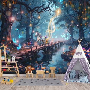 Unicorn Fantasy Forest Mural Wallpaper Peel and Stick / Unpasted - Fairytale Wallpaper Kids Room Mural Kids Bedroom Wallpaper Nursery Prints