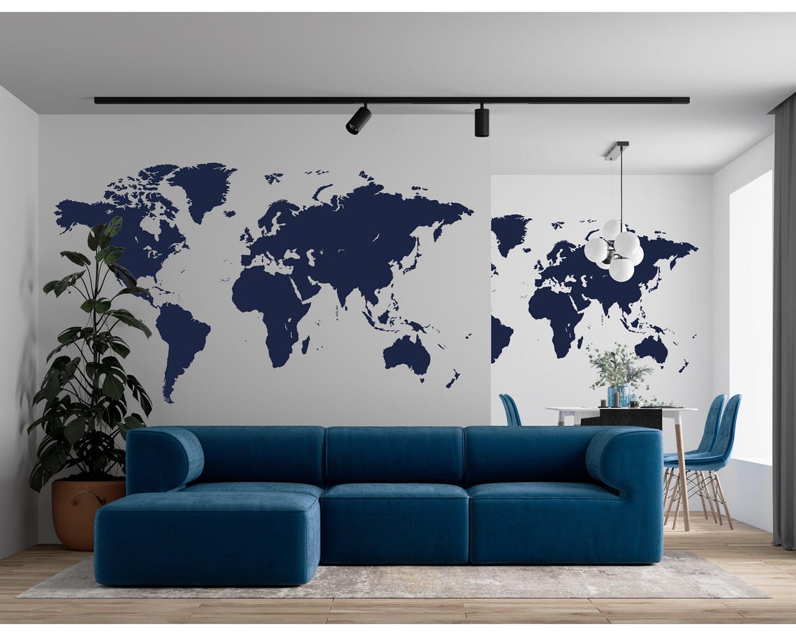 Blue World Map Large Wall Decal Vinyl Wall Sticker - Dark Navy Blue ...