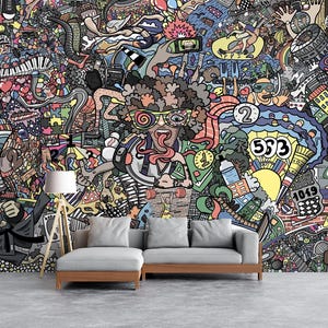 Colorful Funky Wall Mural Wallpaper Street Art Wallpaper Gym Wallpaper Peel and Stick Abstract Sports Theme Illustration Athletics Wallpaper
