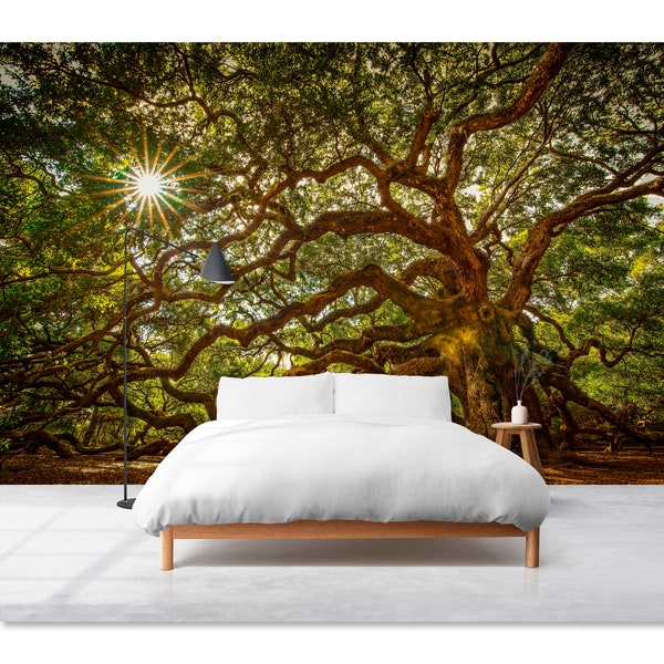 Old Oak Tree Vinyl Wallpaper Forest Wall Mural Landscape Peel and stick Self-adhesive Wall Decal Nature Wallpaper Green Forest Tree Wall Art