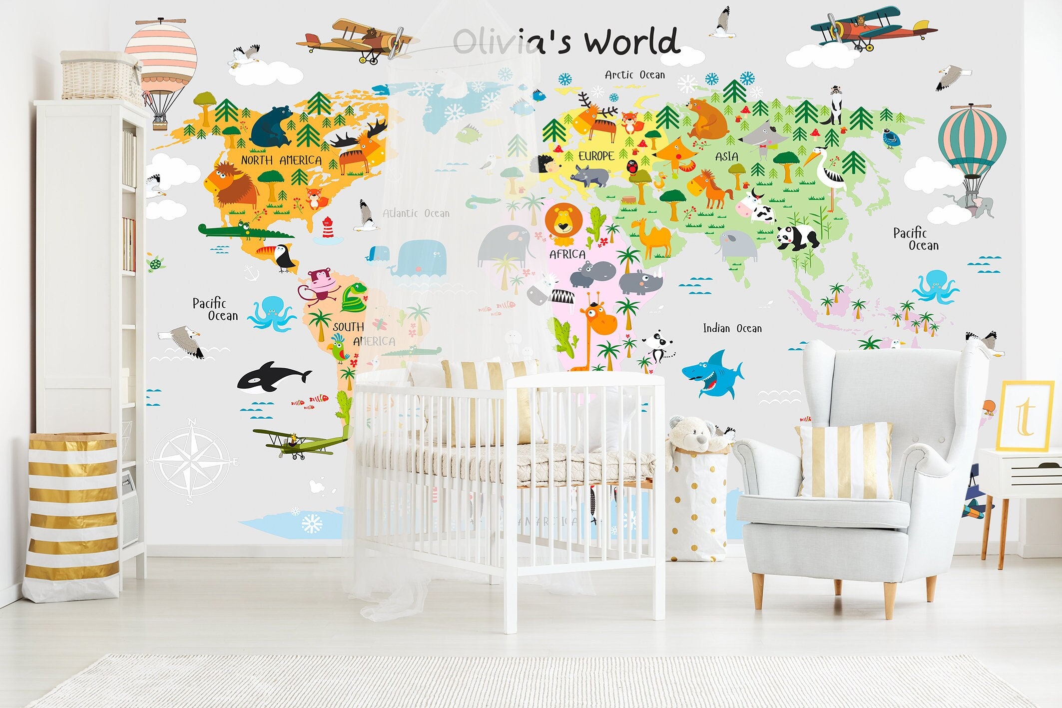 Nursery Animal Map Wallpaper for Kids – Playroom Wall Decor Kids Room ...