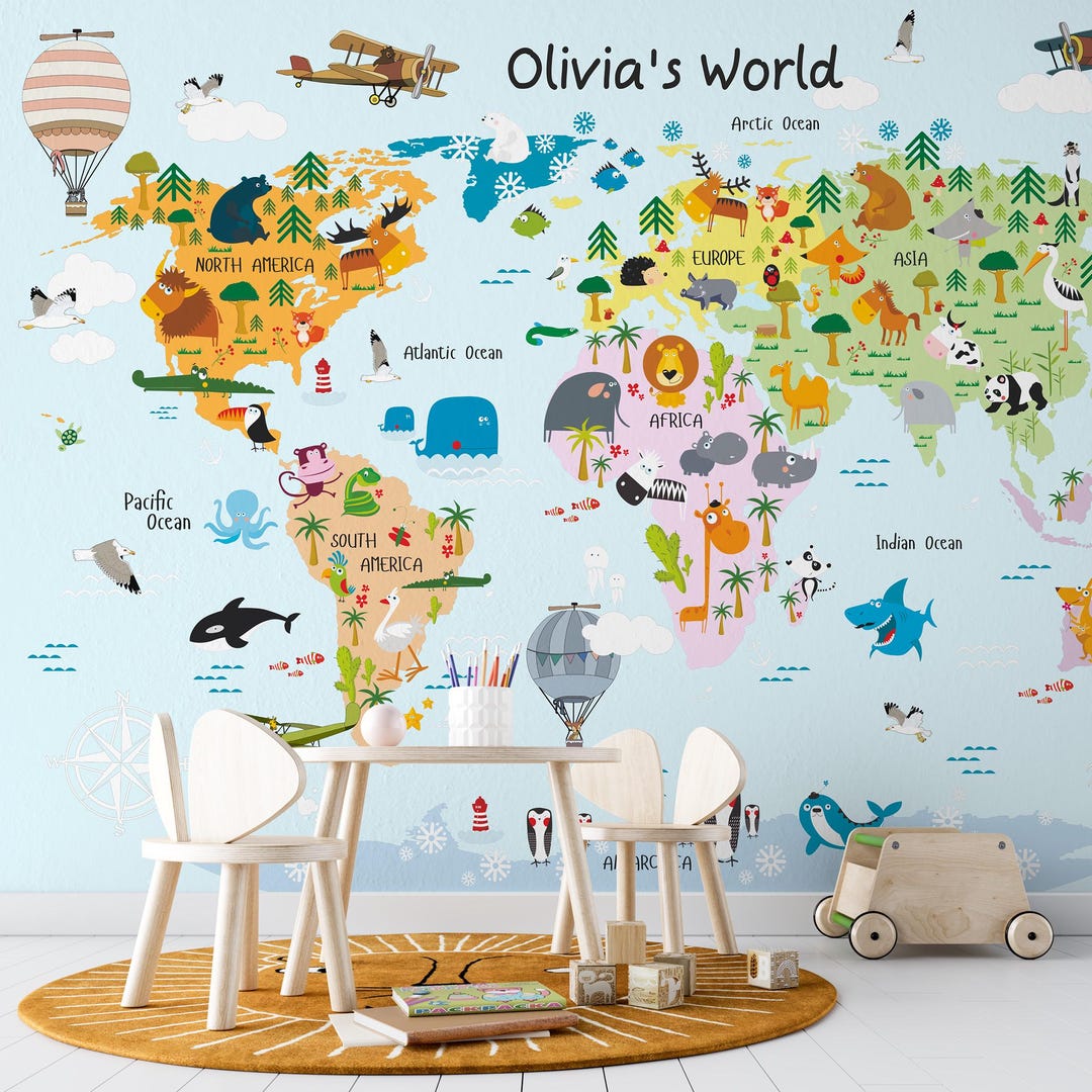 Nursery Animal Map Wallpaper for Kids – Playroom Wall Decor Kids Room ...
