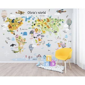 Kinder Tapete Weltkarte für kleine Mädchen Junge Kinderzimmer Druck Schälen und Aufkleben / ungeklebte Tapete Tierkarte Spielzimmer Wanddeko