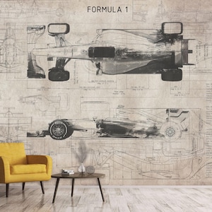 Vintage Blueprint Wallpaper F1 Car Drawing Art Wall Mural Peel and Stick Wallpaper Line Drawing Formula One Wall Decor Office Wallpaper