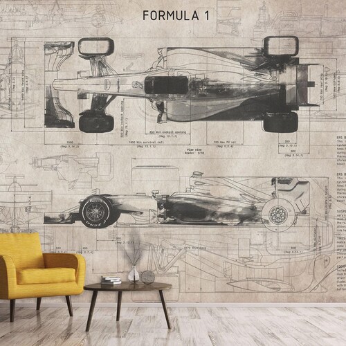 Vintage Blueprint Wallpaper F1 Car Drawing Art Wall Mural Peel and Stick Wallpaper Line Drawing Formula One Wall Decor Office Wallpaper