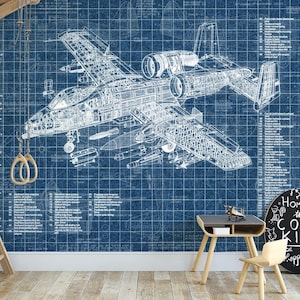 May include: A blue wallpaper mural featuring a detailed white technical blueprint of a military aircraft with extensive labeled parts and grid lines. The design includes technical annotations and specifications printed across the entire surface area.