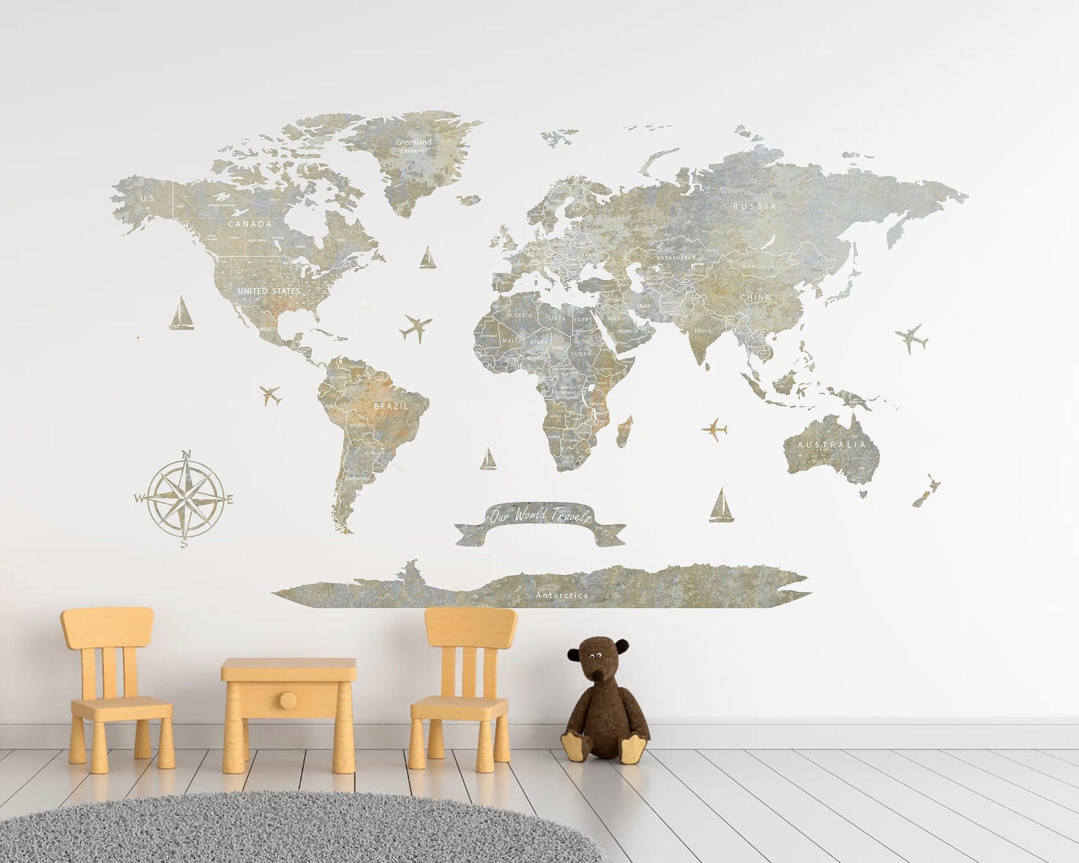 Large World Map Wall Decal Abstract World Map Wall Sticker Travel Wall ...