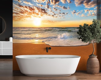 Sea Sunset Vinyl Wallpaper Ocean Beach Wall Mural Beach Sunset Print Self-Adhesive / Non-woven Wall Decal Nature Wallcovering Print