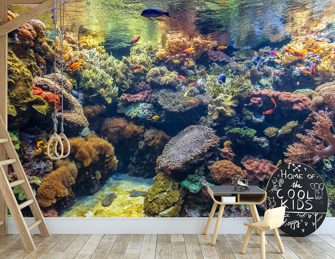 Tropical Fish in Coral Aquarium Wall Mural Wallpaper Peel and Stick or