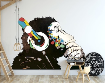 Monkey Decal Graffiti Style Gaming Playroom Graffiti Wall Sticker Thinking Monkey Music Dj with Headphones Home Office Gym Modern Wall Decor
