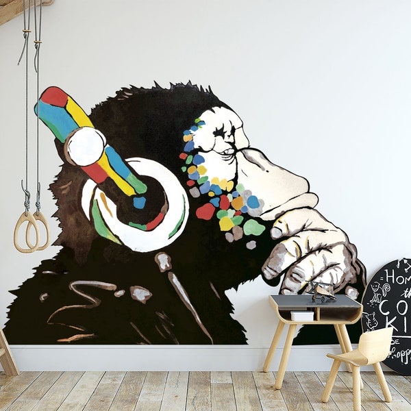Decalcomania della scimmia Stile Graffiti Gaming Sala giochi Adesivo da parete Graffiti Pensare Scimmia Musica Dj con cuffie Home Office Palestra Decorazione da parete moderna