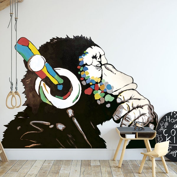 Monkey Decal Graffiti Style Gaming Playroom Graffiti Wall Sticker Thinking Monkey Music Dj with Headphones Home Office Gym Modern Wall Decor