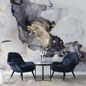 Elegant Abstract Wall Mural Marble Ink with Gold Veins – Luxury Wallpaper for Living Room or Office - Peel and Stick / Traditional Wallpaper