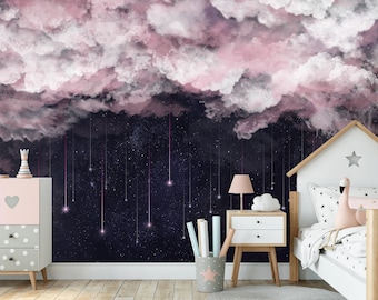 Kids Baby Girl Bedroom Playroom Wallpaper Pinkish Clouds and Starry Sky Background Wall Mural Self-Adhesive or Traditional Wallpaper Print
