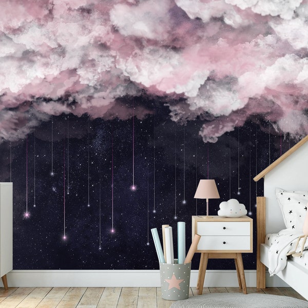 Kids Baby Girl Bedroom Playroom Wallpaper Pinkish Clouds and Starry Sky Background Wall Mural Self-Adhesive or Traditional Wallpaper Print