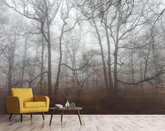 Moody Forest Wallpaper Misty Autumn Trees Wall Mural Foggy Dark Woodland Wallpaper Photo Mural Peel & Stick / Traditional