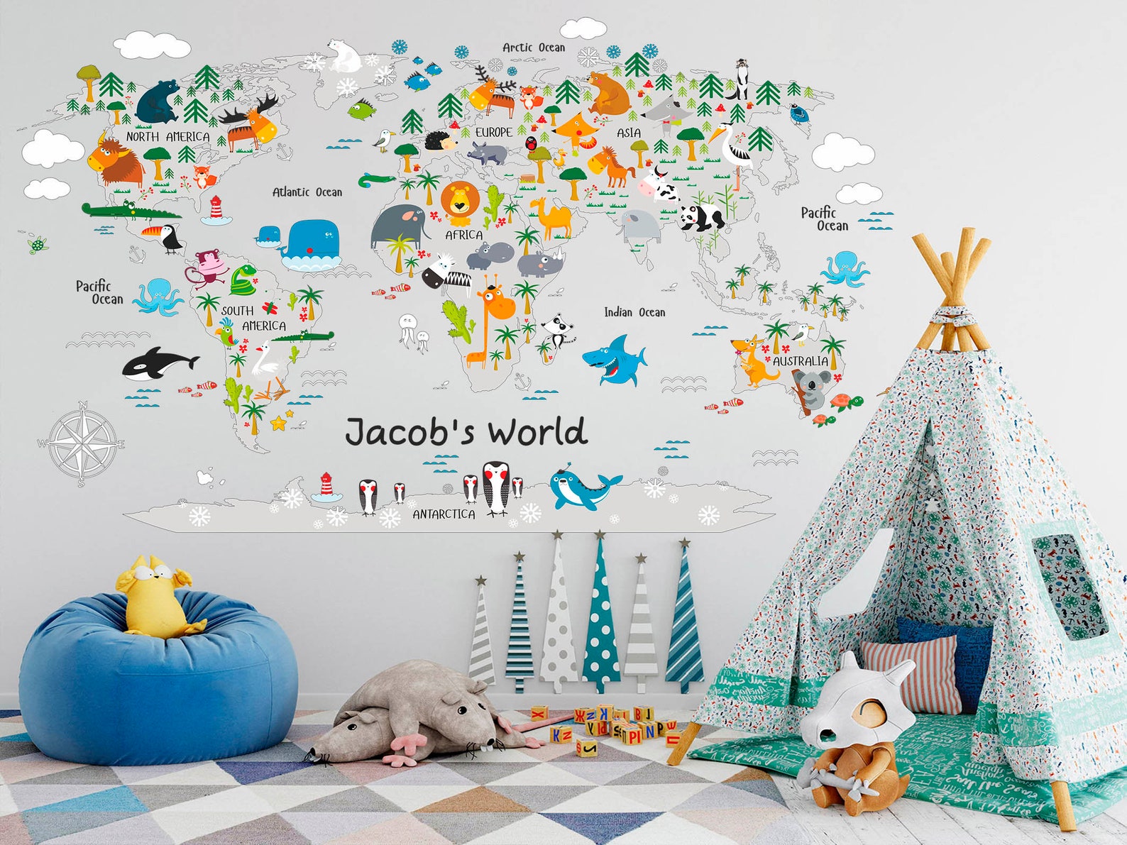 Kids World Map Wall Sticker Animal Map Wall Decal Children Map Etsy