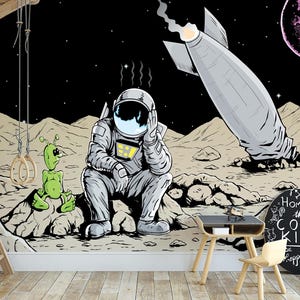 Space Crash Wallpaper Children's Playroom Funny Wall Mural Peel and Stick Wallpaper Kids Wall Decors Cool Gaming Room Wallpaper Kids Mural