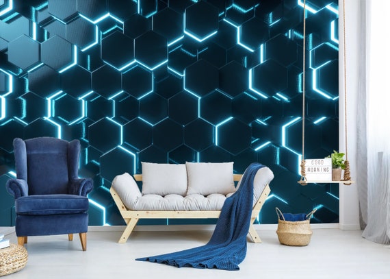 Abstract Blue Neon Geometric Wall Mural Peel and Stick - Etsy