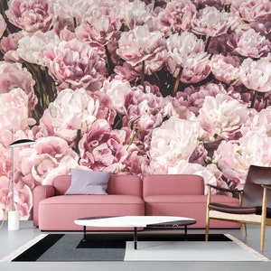 Rosa Blumentapete Romantische Pastelltulpen Großes Wandbild Von Blumen inspirierte botanische Tapete Schälen & Aufkleben / Traditionelle Blumenwandbilder
