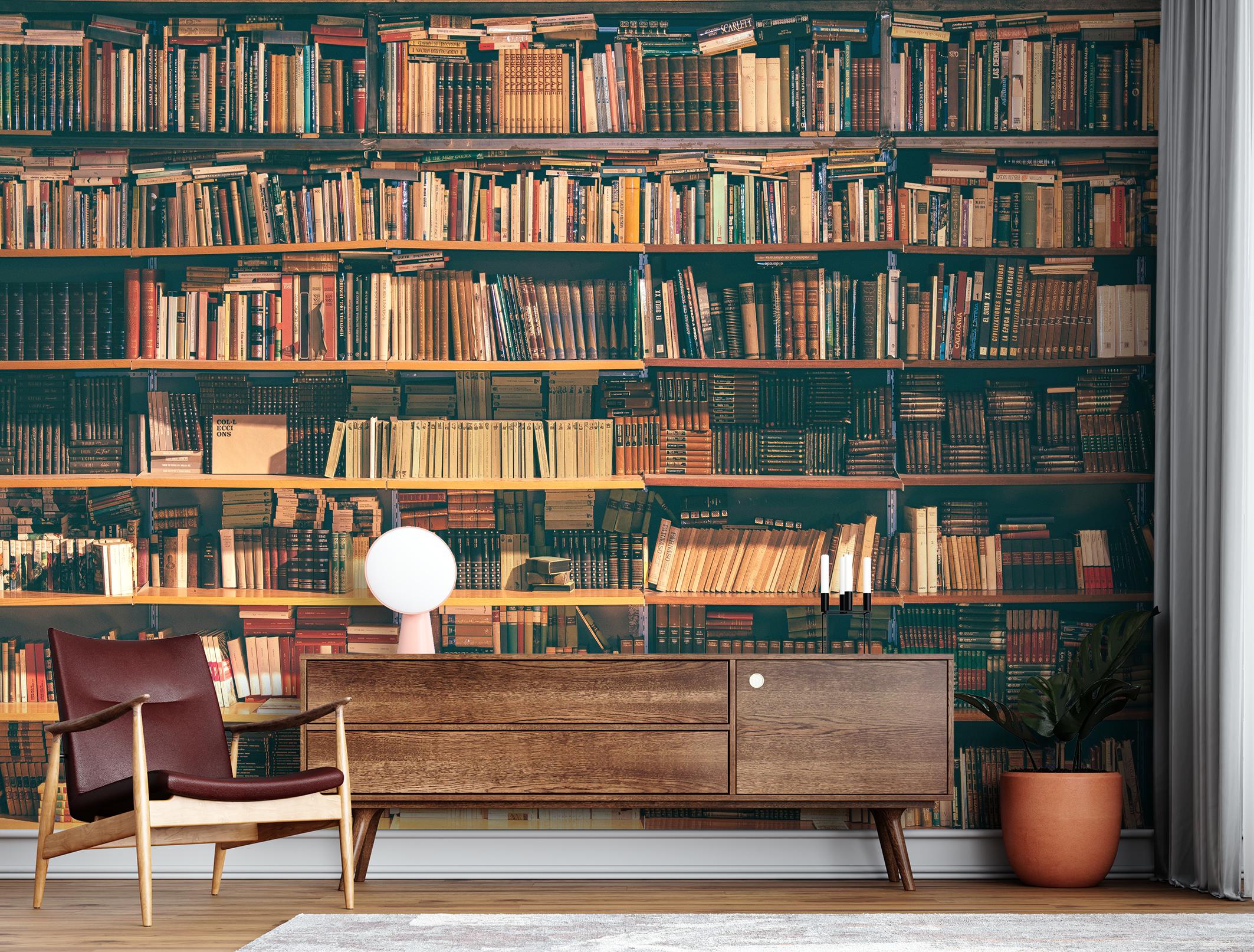 Bookshelf Mural Reading Room Library Wallpaper Books Wallcovering ...