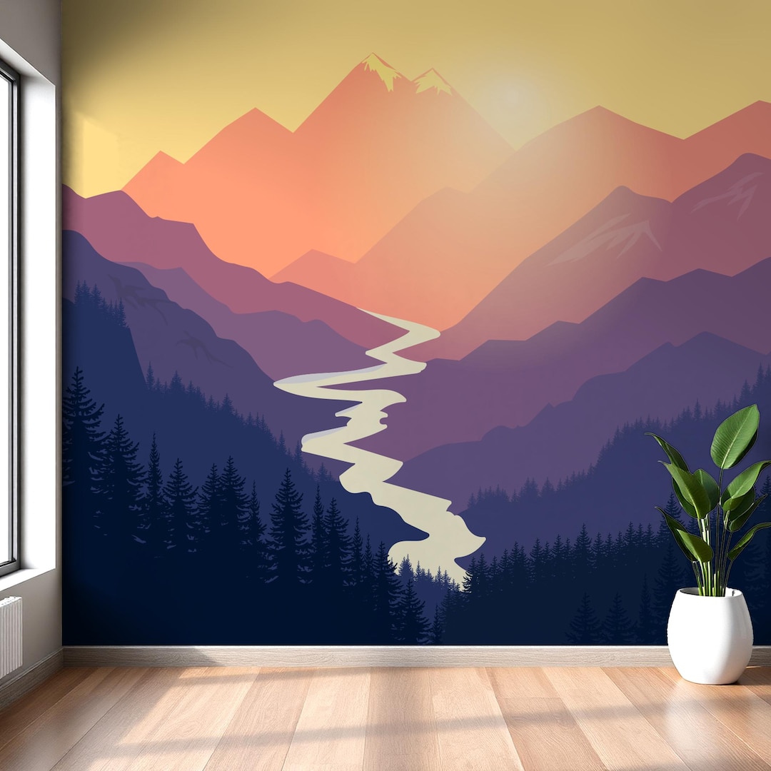 Minimalist Mountain Wallpaper Landscape Silhouette Wall Mural Peel ...