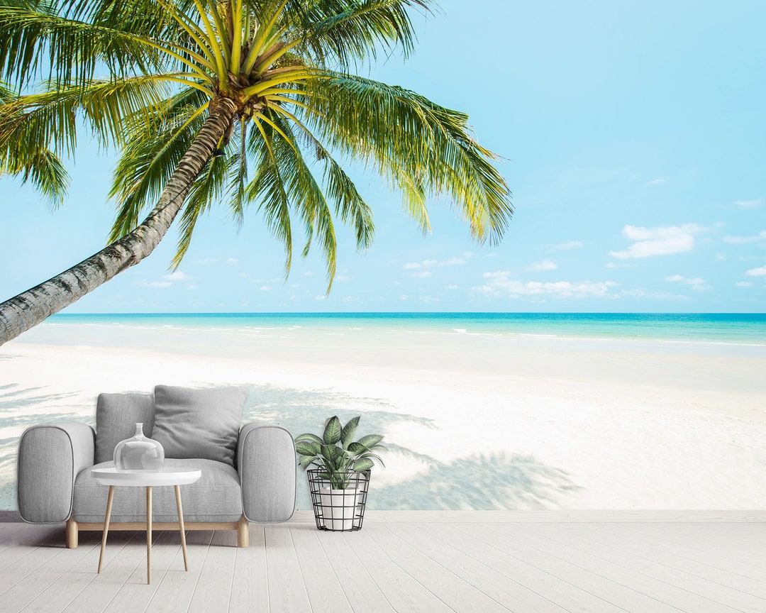 Peel and Stick Beach Wall Paper Tropical Island Palm Beach Scene Accent