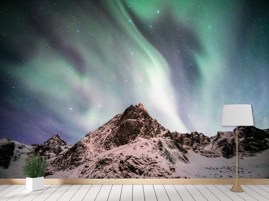 Aurora Borealis Wall Mural Peel and Stick Wallpaper Snowy Norway ...