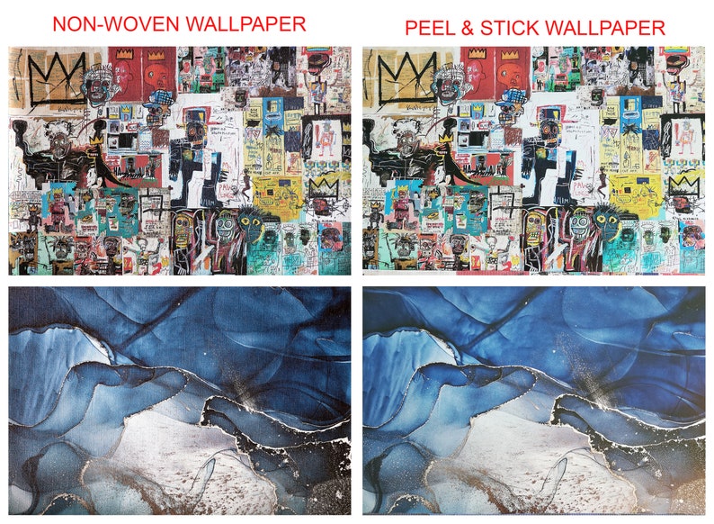K&ouml;nnte beinhalten: Zwei S&auml;tze Tapetenmuster, einer mit der Aufschrift "Non-Woven Wallpaper" und der andere mit der Aufschrift "Peel & Stick Wallpaper". Der erste Satz zeigt ein farbenfrohes abstraktes Design mit einer Vielzahl von Formen und Farben. Der zweite Satz zeigt ein blaues und wei&szlig;es abstraktes Design mit einer marmorartigen Textur.