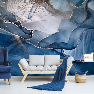Carta da parati astratta in marmo blu staccabile e attaccabile, stampa artistica da parete blu navy, murale in marmo blu e oro, decorazione moderna, dipinto astratto, arte murale di lusso