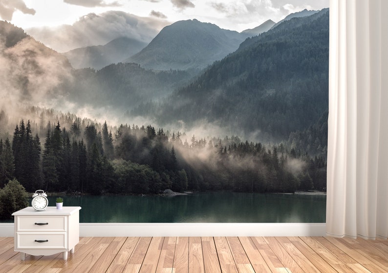 Foggy Mountains Vinyl Wallpaper Foggy Forest Wall Mural Foggy Etsy