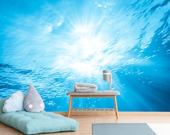 Sunlight Under Blue Water Wallpaper Peel and Stick Wall Mural Sea Waves Sun Underwater Kids Bedroom Playroom Wall Decor Marine Wallpaper