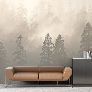 霧の森の壁画、森の木々の壁紙、剥がして貼れる風景の森の風景壁紙、ダークニュートラルベージュの壁紙プリント