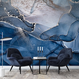 Papel pintado mural de mármol azul, abstracto, despegable y pegable