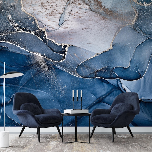 Papel pintado mural de mármol azul, abstracto, despegable y pegable