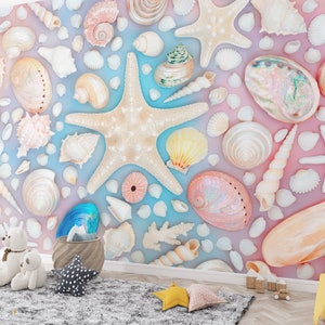Starfish Seashells Wall Mural Peel &#39;n Stick / Traditional Wall paper Coastal Mural Wallpaper Kids Room Wall Decor Girls Room Wallpaper Mural