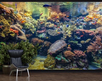 Vibrant Coral Reef Wall Mural – Tropical Underwater Paradise Wallpaper for Living Room, Ocean Aquarium Interior Decor