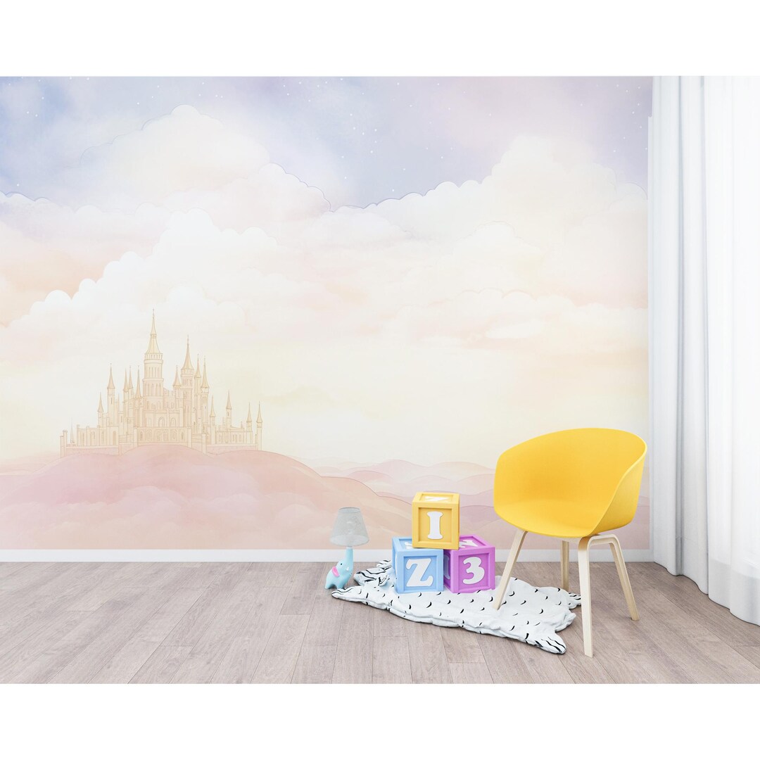 Fairytale Castle Wall Mural, Pink Clouds Wallpaper, Kids Room Decor ...
