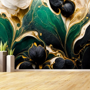Tapete Grün Abstrakte Marmor Swirls | Schälen und Aufkleben | Traditionelle Tapete | Akzent-Wand-Dekor | Wandbild | Spritzer Wallpaper