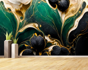 Abstract Dark Green Marble Swirls Wallpaper | Peel and Stick | Traditional Wall Paper | Accent Wall Decor | Wall Mural | Splashes Wallpaper