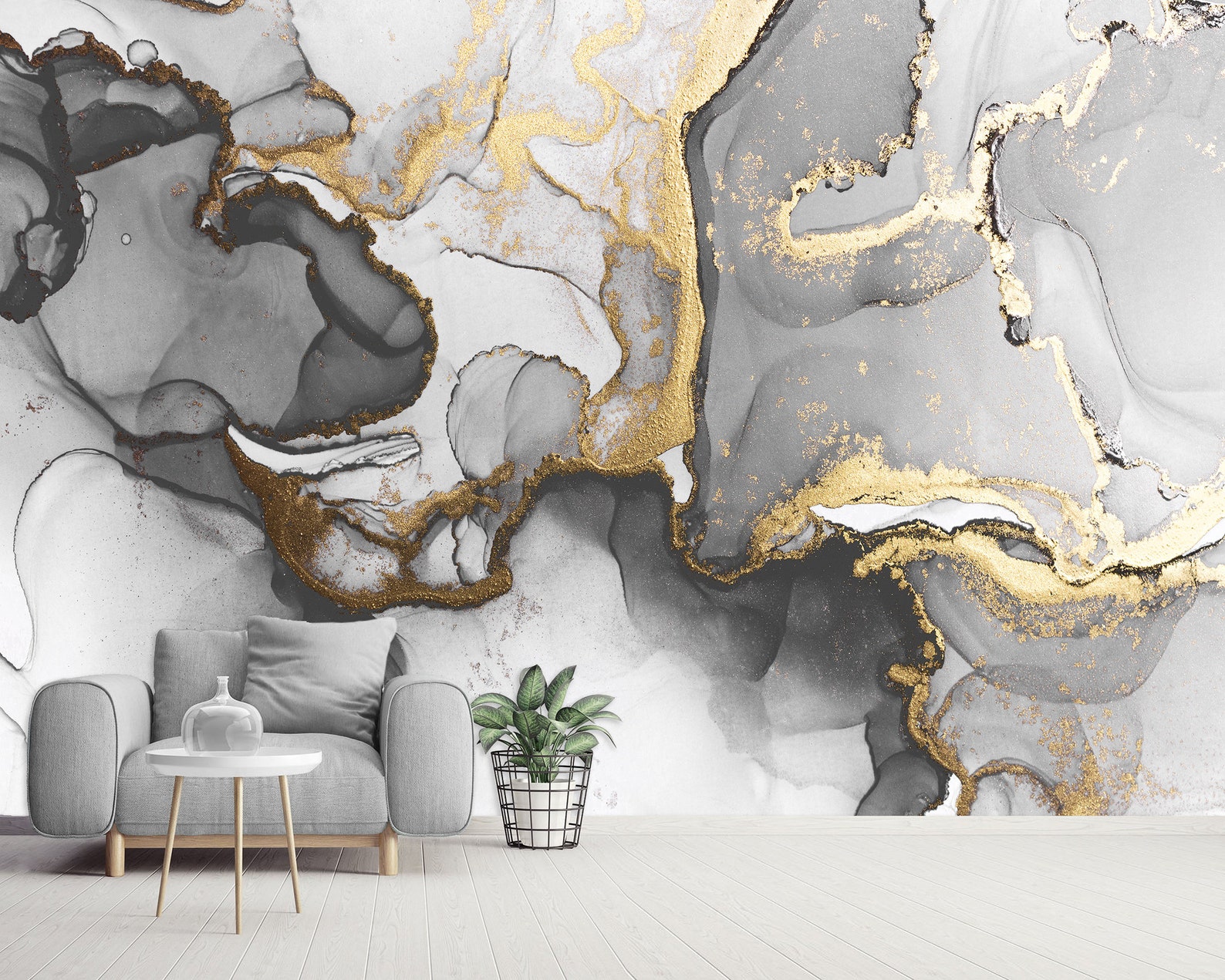Grey Gold Marble Look Abstract Wallpaper print Modern Marble | Etsy