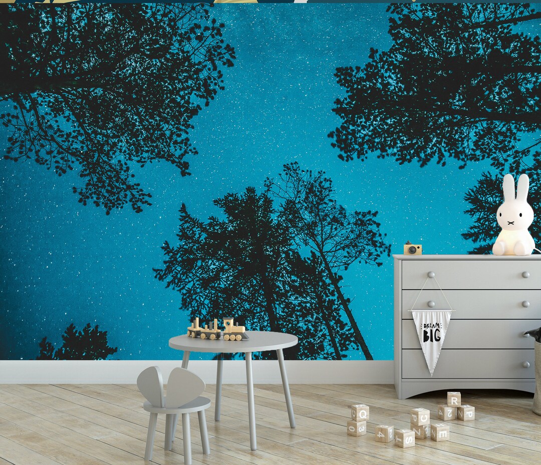 Night Starry Sky Forest Wall Mural Peel and Stick Wallpaper Print ...