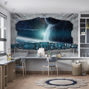 May include: A room with a large mural depicting a spaceship interior with a view of planets and space. The room has a desk, chairs, and a round rug. The mural features blue and white planets, stars, and a bright light source.