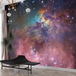 Puede incluir: Una nebulosa vibrante con nubes giratorias de rosa, naranja y azul, llena de innumerables estrellas. La nebulosa es un tema popular para la astronomie y la fotograf&iacute;a espacial.