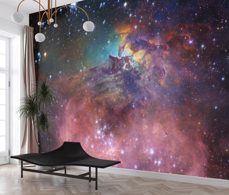 Puede incluir: Una nebulosa vibrante con nubes giratorias de rosa, naranja y azul, llena de innumerables estrellas. La nebulosa es un tema popular para la astronomie y la fotograf&iacute;a espacial.